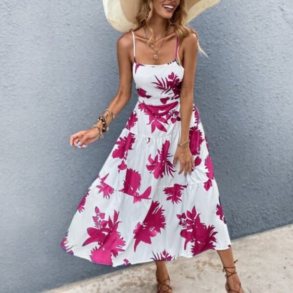 Boho pink white floral tropical print tie back maxi dress - Picture 5 of 7